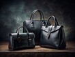 © Supittra - Three Stylish Black Leather Bags Displayed Elegantly Against a Dark, Minimalist Background