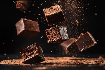 Chocolate Cubes Falling on Cocoa Powder