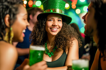 Young African American woman in a green festive hat smiling with friends at a St. Patrick’s Day celebration, enjoying drinks at a lively party with holiday decorations