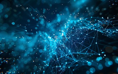 Poster - Abstract Digital Network of Glowing Blue Particles Connected by Light Threads