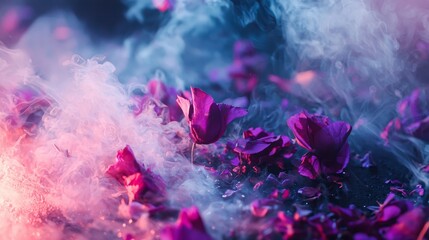 Wall Mural - Purple petals and smoke in a dreamlike atmosphere