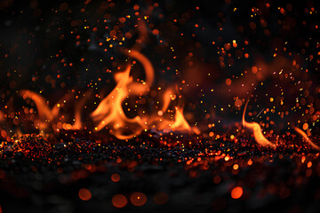 Fire ember particles over a black background, with a very dark atmosphere, fire sparks in the air, with orange and red colors, flames texture.