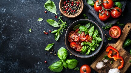 Wall Mural - Fresh tomato and basil salad ingredients on dark surface