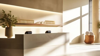 Poster - Sunlight is streaming through the windows of a modern spa, illuminating the reception desk and creating inviting shadows