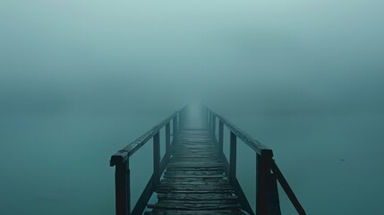 Poster - Misty Dock on Calm Water in Foggy Landscape