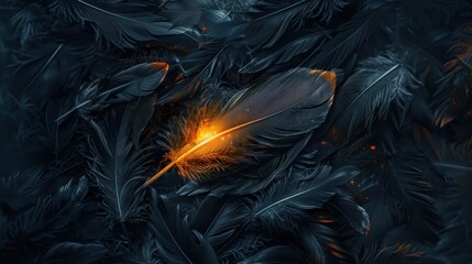 Wall Mural - Elegant Black Feathers with Glowing Detail