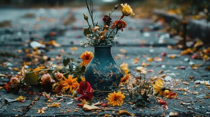 Wall Mural - Beautiful Vase with Flowers Among Fallen Leaves