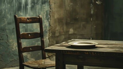 Sticker - Abandoned Table and Chair in a Dim Room