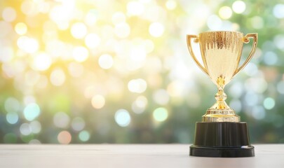 A shining golden trophy award stands prominently, symbolizing success and achievement against an elegantly blurred backdrop