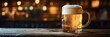 © Анатолий Сав - Frothy beer mug overflowing with foam on rustic wooden table in a cozy pub setting during the evening hours. Generative AI