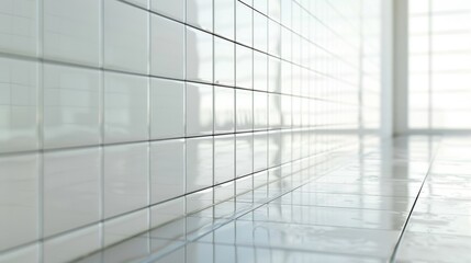 Wall Mural - Glossy White Tile Wall with Reflective Floor Surface