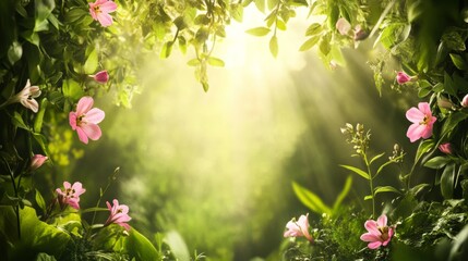 Wall Mural - sun rays shining through lush green leaves and pink flowers