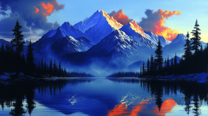 Poster - A serene mountain lake reflecting the sunset's colors.