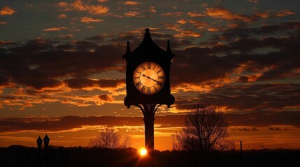 Clock Tower Silhouette Against Vibrant Sunset Sky