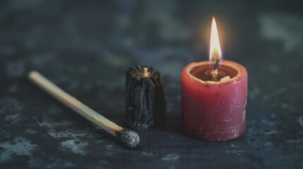 Canvas Print - Warm Glow of Candle and Matchstick on Dark Surface