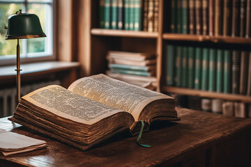 Old Book Open on Wooden Desk in Sunlit Library