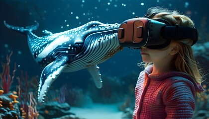 Little girl exploring a virtual underwater fantasy world with a giant glowing whale while wearing VR headset