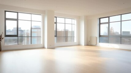 Poster - Sunlight streams through large windows in empty room with hardwood floor and white walls, creating bright, spacious atmosphere. Ideal for modern, minimalist lifestyle seekers
