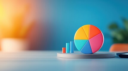 Colorful Pie Chart and Bar Graph on Wooden Platform