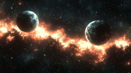 Wall Mural - Two planets float in space, one near a bright nebula.