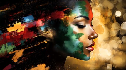 Abstract artistic representation of a womans face created using generative AI technology, with an array of colorful spots adding an avantgarde touch.