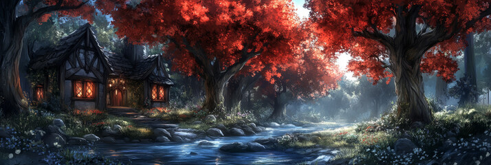 Wall Mural - Cozy cottage nestled in a forest with red trees and a flowing stream.