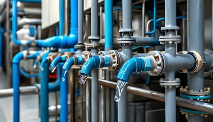 Detailed close-up of an industrial water flow cabinet showcasing blue and gray pipes, emphasizing essential features for efficient water management in industrial settings