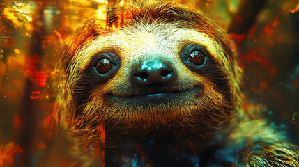 Canvas Print - A close-up of a sloth's face with a soft, warm glow.