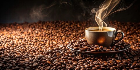 Wall Mural - A steaming cup of coffee nestled amongst a sea of roasted beans, inviting you to savor the aroma and warmth of a perfect morning brew.