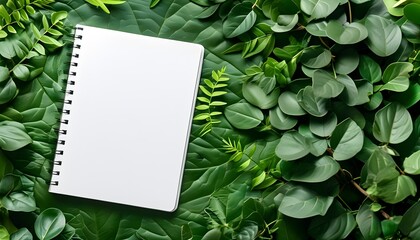 Wall Mural - white notebook against vibrant leafy green backdrop