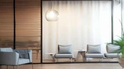 Aufkleber - The sun is shining through the large windows in this modern office waiting area. Creating a bright and welcoming atmosphere. The space is furnished with comfortable chairs and a stylish coffee table