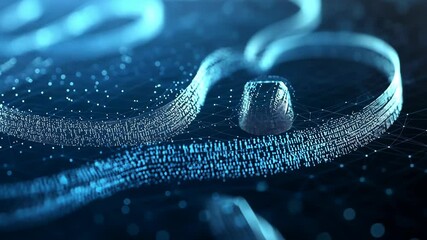 A digital blue swirl of data floats over a dark background, creating an abstract design