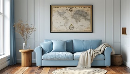 Wall Mural - Inviting living space featuring light blue sofa, wooden side table, soft blanket, modern map poster on white wall, and warm parquet flooring