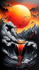 Abstract painting of a large wave crashing into a mountain range with a bright red sun.