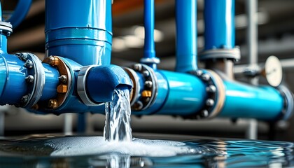 Wall Mural - Close-up of blue and gray pipes showcasing intricate engineering of an industrial water flow cabinet in an effective water management system