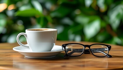 Wall Mural - Cozy coffee moment with glasses resting on a table surrounded by lush greenery