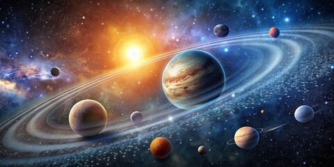 Wall Mural - a cosmic tapestry of planets and stars, intertwined with bands of dust and gas, illuminating the vas