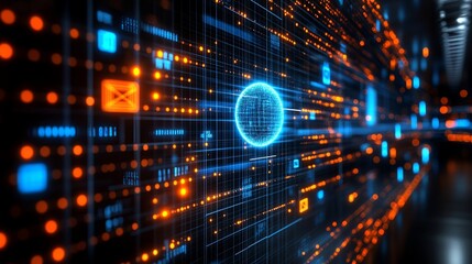A futuristic digital landscape with glowing blue and orange lines and dots, creating a sense of depth and connectivity.
