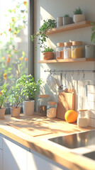 Wall Mural - Sunny kitchen with plants and a wooden countertop