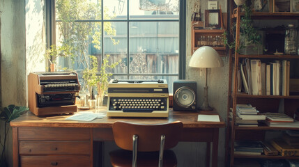 Incorporate vintage technology such as a typewriter, gramophone, or a vintage radio into the scene. These objects can be displayed on a desk or shelf to evoke a sense of nostalgia.