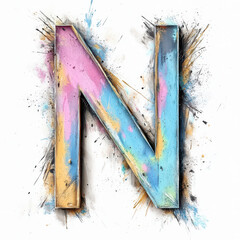 Wall Mural - Splattered pastel paint letter N, graffiti style, with a white background