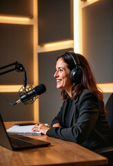 a confident woman hosts a podcast from her modern workspace featuring a professional microphone as s