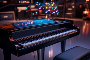 Poster - Futuristic digital piano, with holographic keys that light up when played, creating colorful soundwaves that float above the instrument, set in a high-tech music studio
