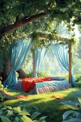 Wall Mural - A large bed under the tree, canopy-style with light blue fabric and a red blanket on it, surrounded by lush green grass, in a cartoon-like style with bright, high-definition colors.