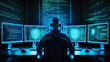 © Alva - Cybersecurity 3D background with a hacker at a multi-monitor setup displaying glowing code and schematics, creating a dark, intense, high-tech atmosphere.