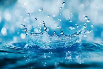 Wall Mural - clear water splash on blue background with a hole and water droplets making ripples