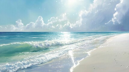 Wall Mural - A beautiful summer day with blue sky and white clouds with gentle waves rolling to the shore.