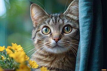 Close-up of a Cat near Bright Yellow Flowers