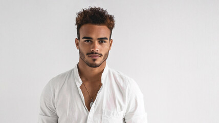 Young man with curly hair and a slight smile wearing a white open-collar shirt and necklace against a plain light background