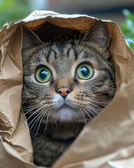 Curious Cat Peeking from Brown Paper Bag